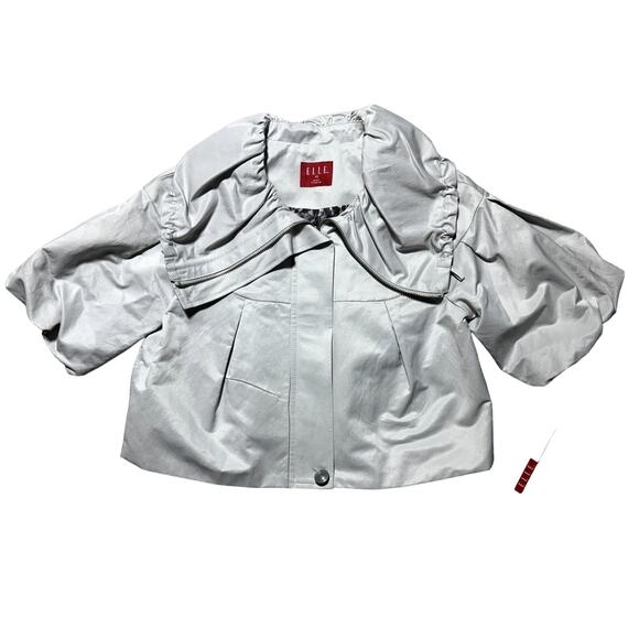 ELLE Women XS Light Grey Adjustable Collar Zip Bubble Sleeve Cropped Jacket NWT - Picture 1 of 13